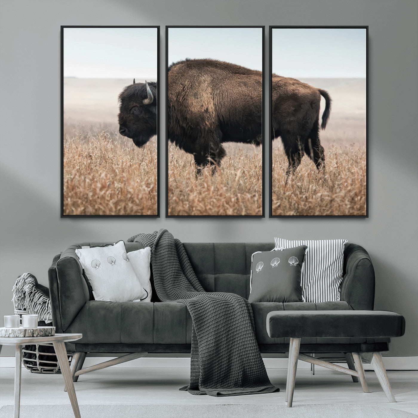 -American Bison Field Wall Art Canvas Print – Majestic Buffalo Grazing Wide Open Plains Wildlife Artwork for Home, Office