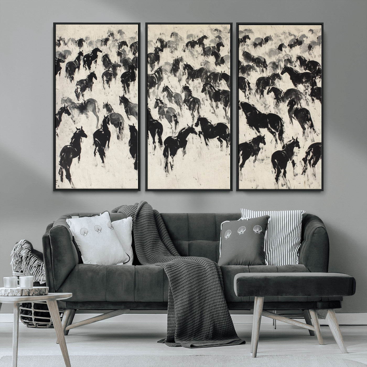 -Wild Horse Stampede Wall Art Canvas Print – Monochrome Running Horses Dynamic Motion Elegant Scene Artwork for Home, Office