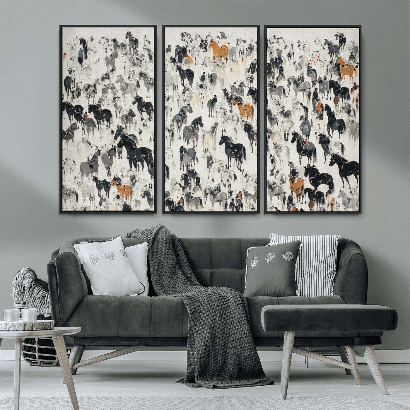 56463722-MGV-CV-36X24-Wild Horse Stampede Wall Art Canvas Print – Monochrome Running Horses Dynamic Motion Elegant Scene Artwork for Home, Office