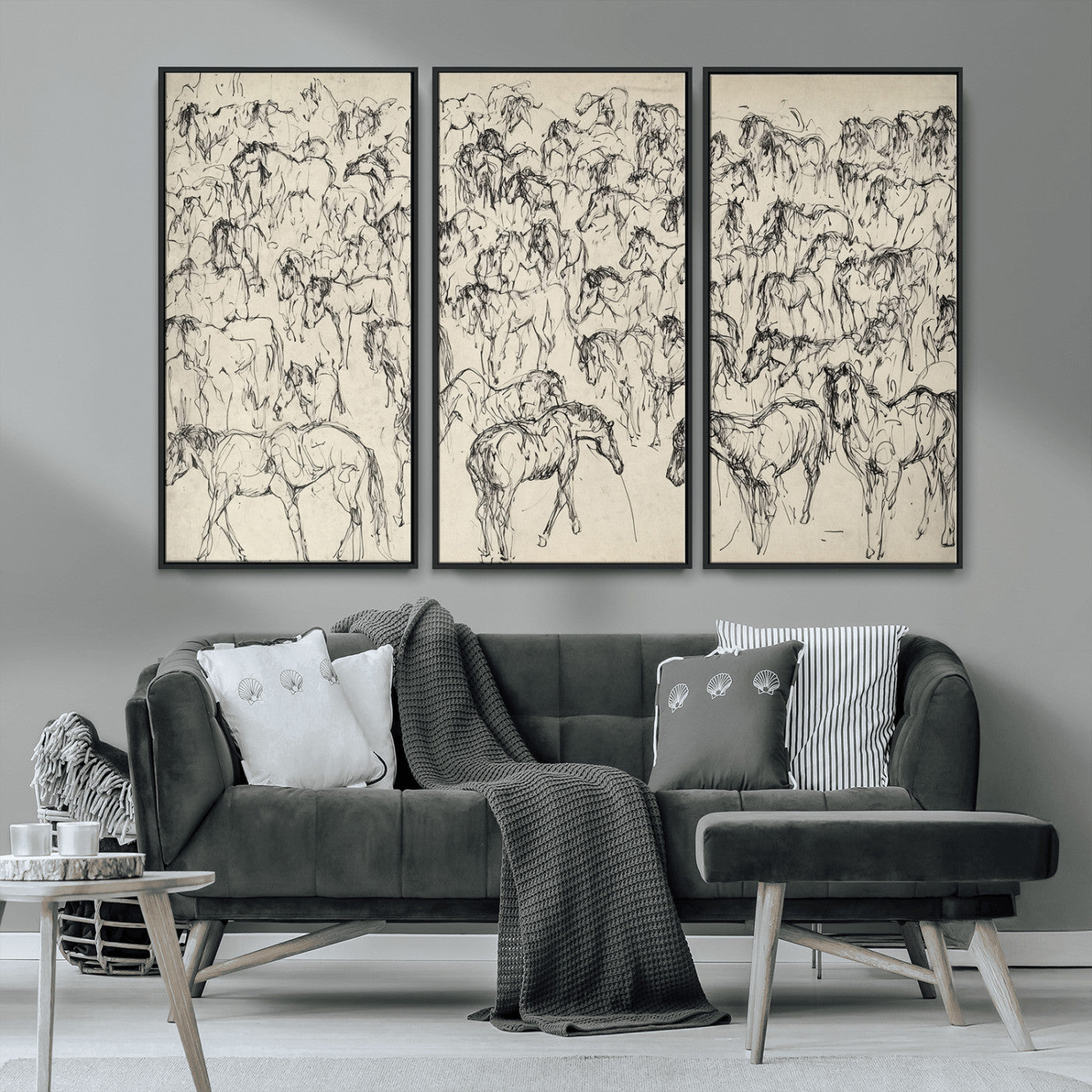 86653927-MGV-CV-36X24-Wild Horse Stampede Wall Art Canvas Print – Monochrome Running Horses Dynamic Motion Elegant Artwork for Home, Office