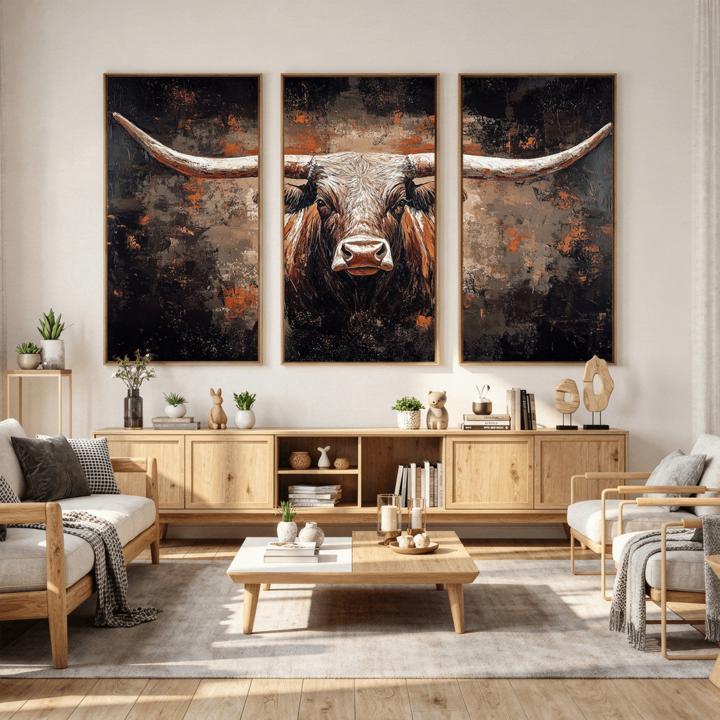 24779067-MGV-CV-36X24 - Rustic Longhorn Bull Wall Art Canvas Print – Vintage Western Cattle Painting, Texas Steer Artwork