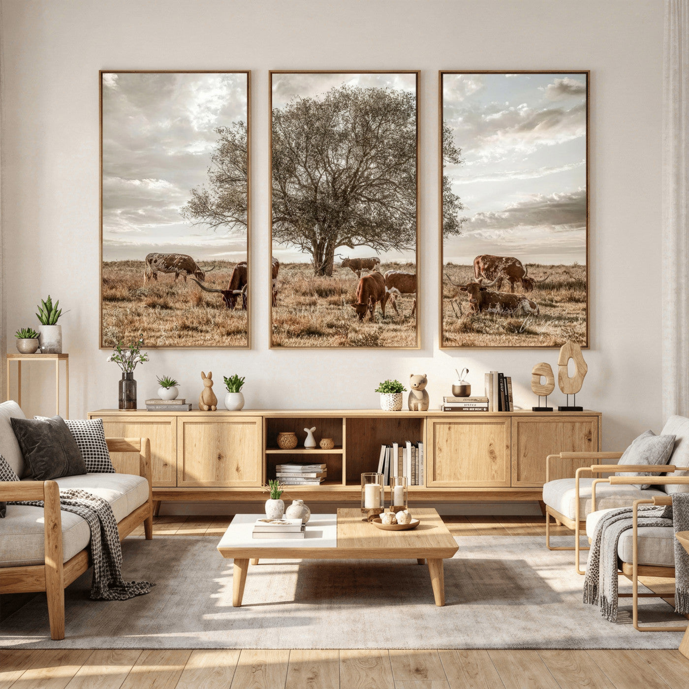 87590224-MGV-CV-36X24 - Texas Longhorn Cattle Wall Art Canvas Print – Rustic Western Ranch Scene with Steers at Sunset, Perfect for Farmhouse or Cowboy Decor