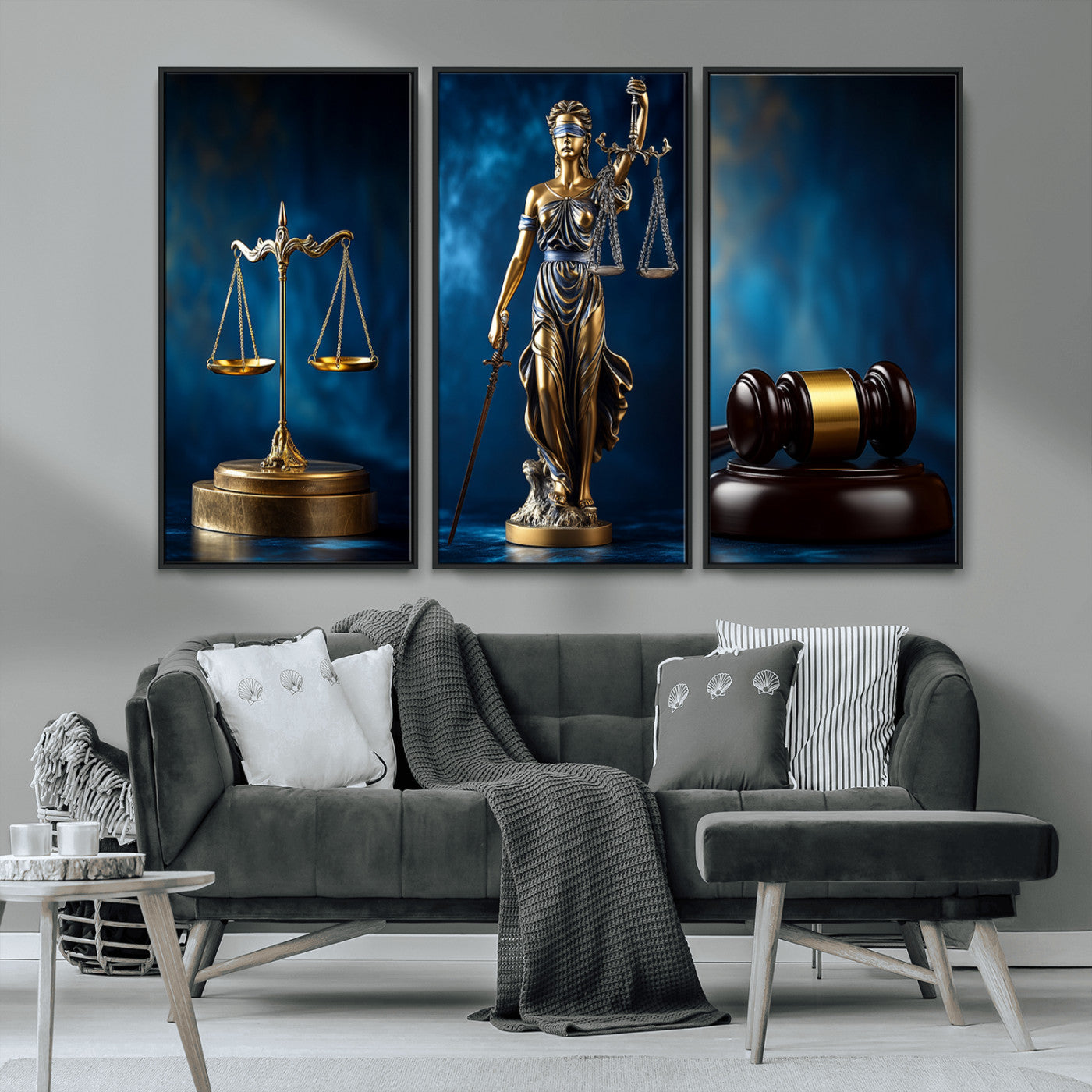 33888279-MGV-FP-36X24-3P_Walnut-Lady Justice Wall Art Canvas Print – Elegant Gold Legal Symbols Blue Background, Perfect for Law