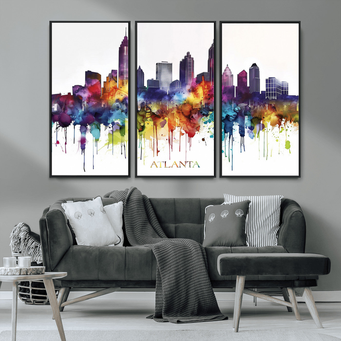 36048320-MGV-CV-36X24-Atlanta Skyline Wall Art Canvas Print – Framed Colorful Watercolor Cityscape Abstract Urban Artwork for Home, Office