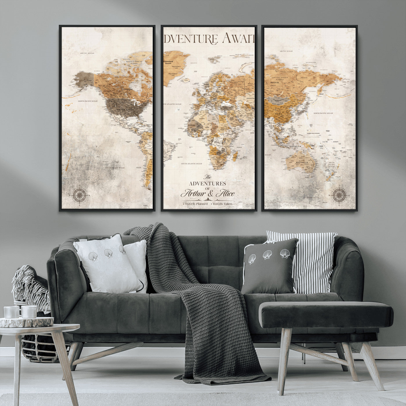 Rehber01-MGV-CV-36X24-Personalized World Map Canvas Print – Custom Push Pin Travel Map Vintage Neutral Style Gift for Couples Travelers for Home Office