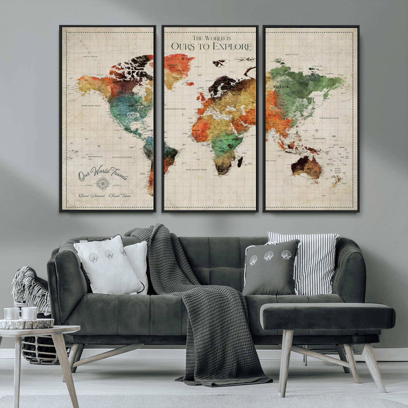 Rehber01-MGV-CV-36X24-Custom Push Pin World Map Wall Art Canvas Print – Personalized Travel Tracker Map Framed Artwork for Home Office