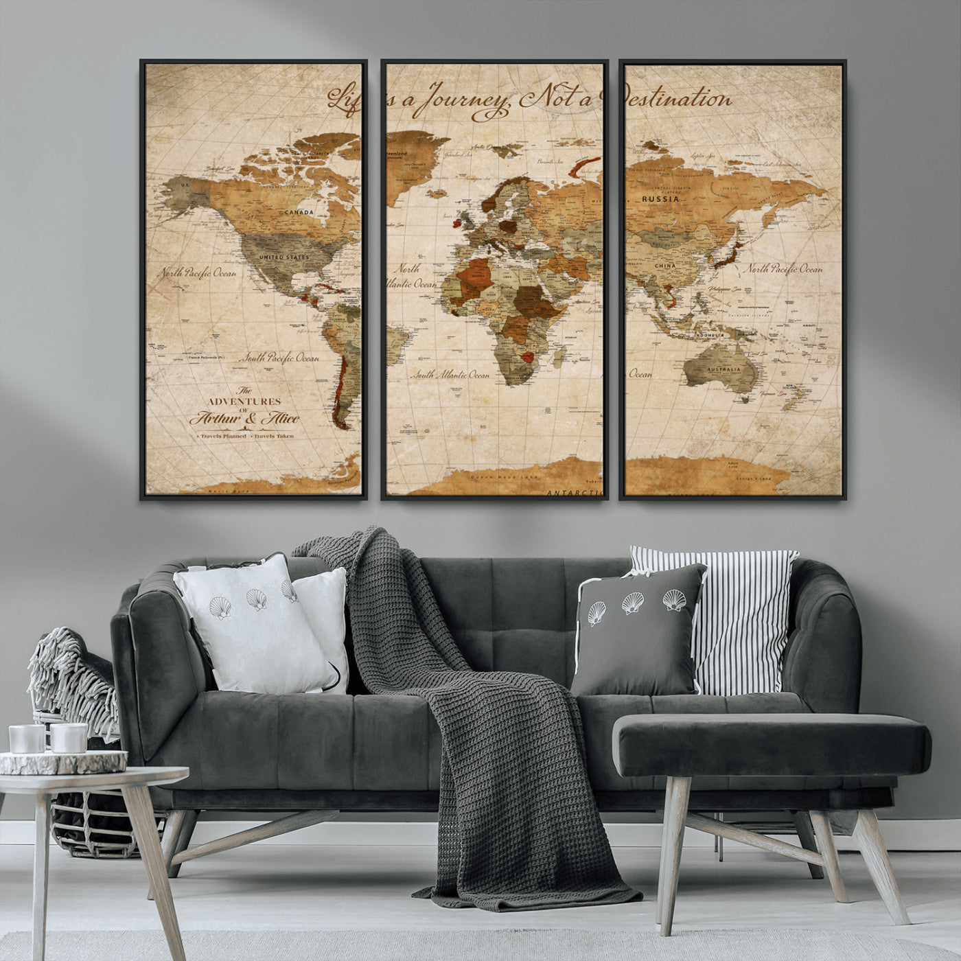 Rehber01-MGV-CV-36X24-Personalized Vintage World Map Canvas – Custom Framed Push Pin Travel Map Wall Art, Rustic Gift for Couples and Travel Lovers