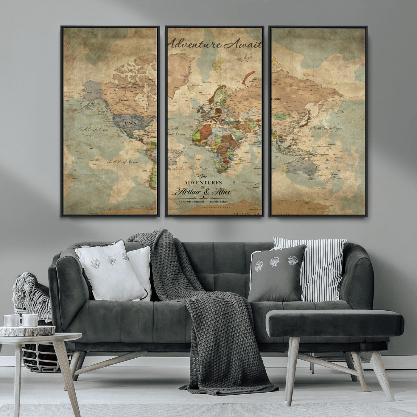 Rehber01-MGV-CV-36X24-Personalized Vintage World Map Canvas Print – Custom Push Pin Travel Map Antique Style Gift for Couples Travelers for Home Office