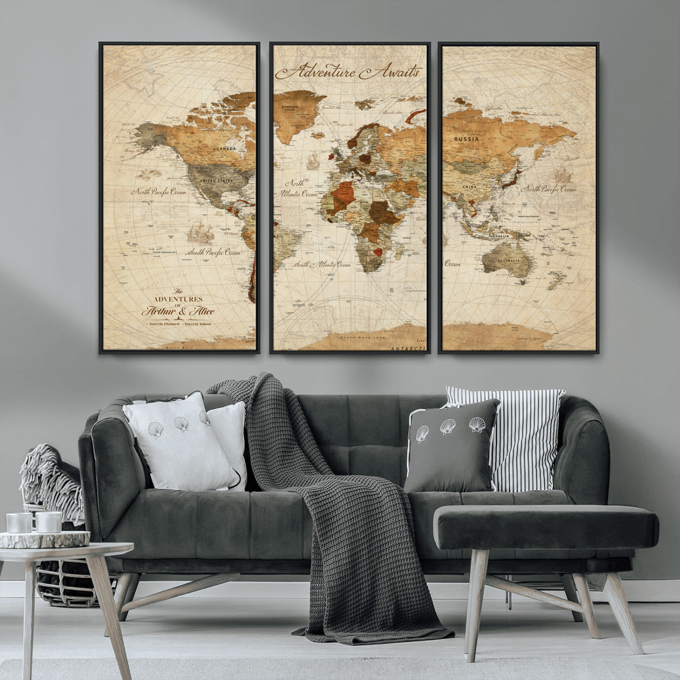 Rehber01-MGV-CV-36X24-Customizable Framed World Map Canvas Print – Personalized Push Pin Travel Map Gift for Couples Explorers for Home, Office