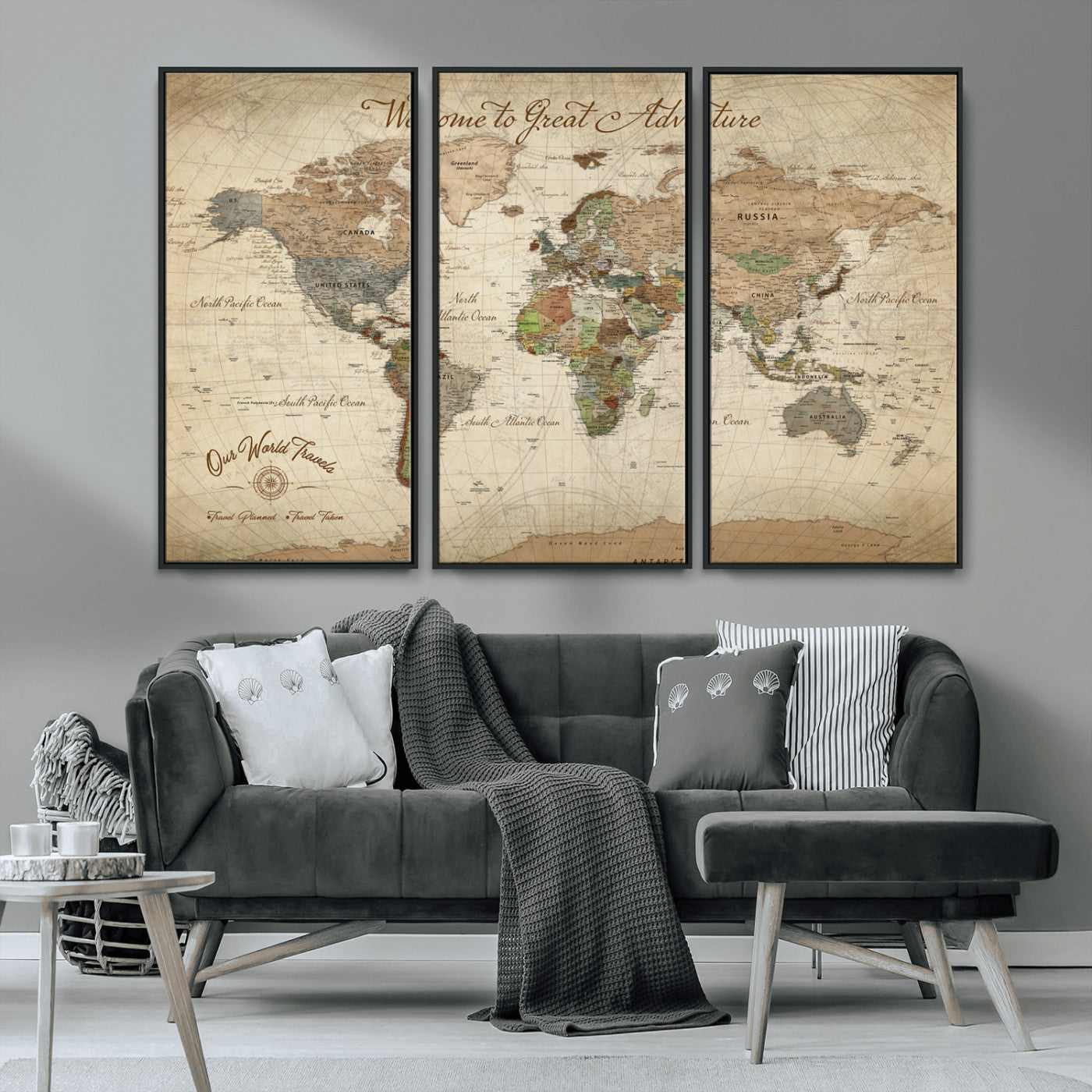 -Personalized Antique World Map Canvas Print – Custom Push Pin Travel Tracker Vintage Adventure Gift for Couples for Home, Office