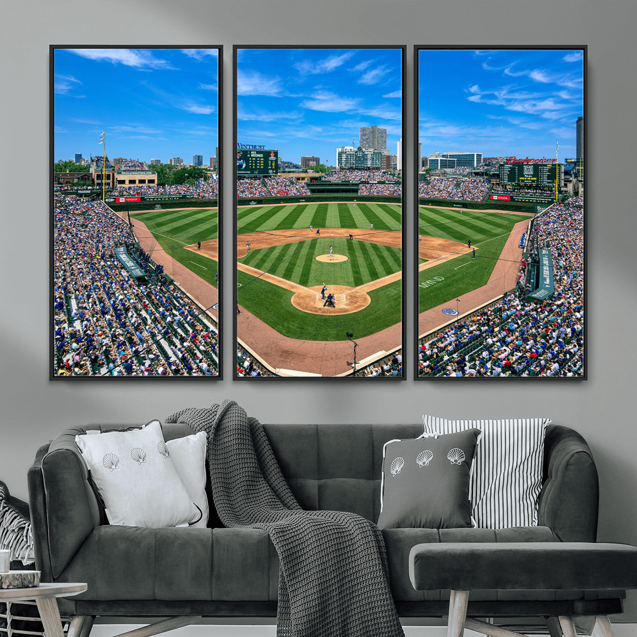 35800083-MGV-FC-48X32-3P - Wrigley Field Baseball Stadium Canvas Wall Art – Packed Crowd Sports Stadium City Skyline Artwork for Home Office