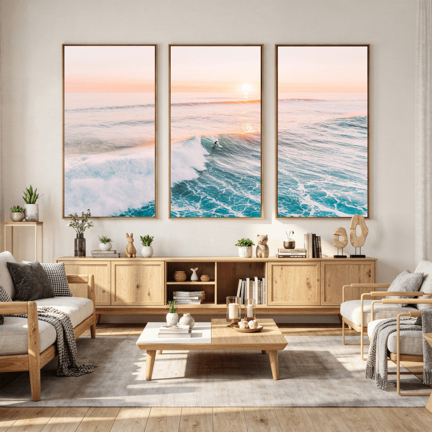 34064591-MGV-CV-36X24 - Sunset Surfing Wall Art Canvas Print, Ocean Wave Surfer with Golden Sky Artwork for Home, Office, Living Room