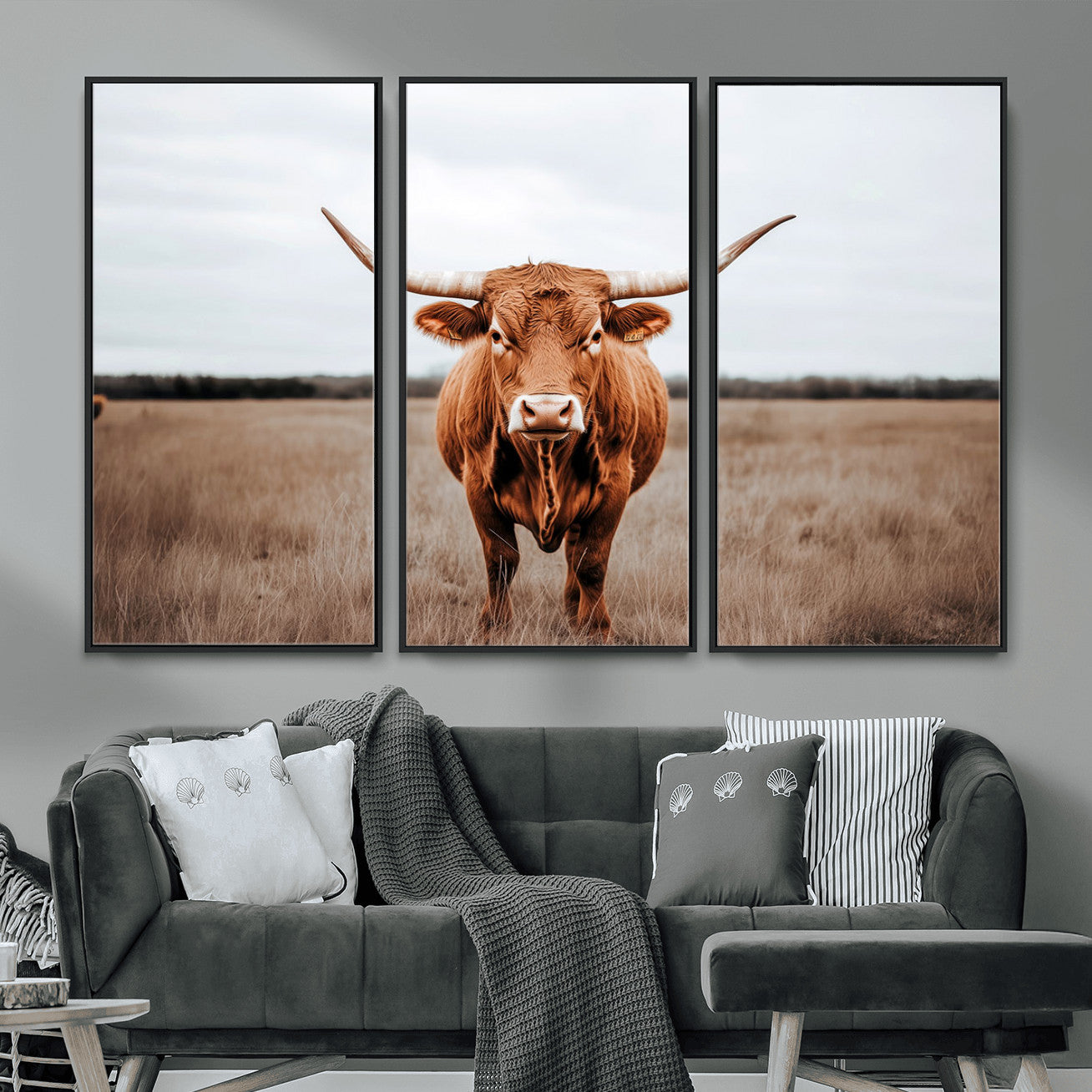16316734-MGV-FC-48X32-3P - Longhorn bull, open field, rustic charm, natural beauty, Wall Art Canvas Print, countryside,