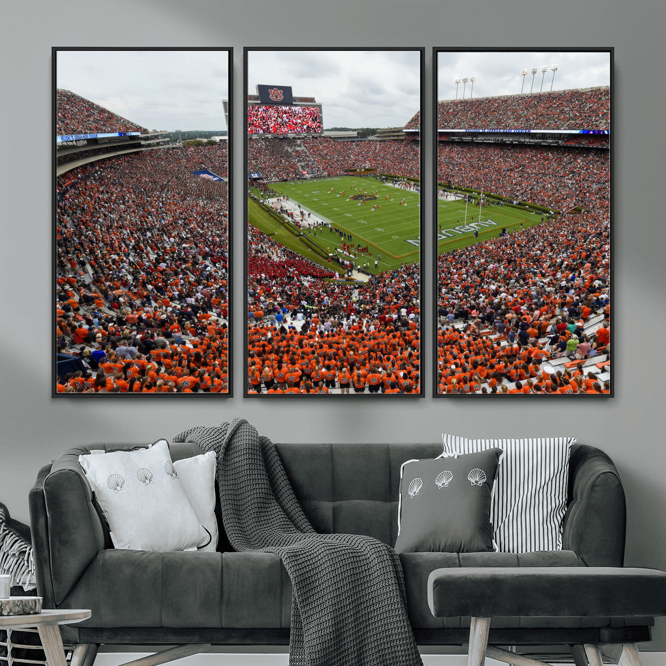 39597998-MGV-FC-48X32-3P_Black-Jordan-Hare Stadium Wall Art Canvas Print, College Sports Art for Man Cave or Game Room, Framed Alabama Football Decor