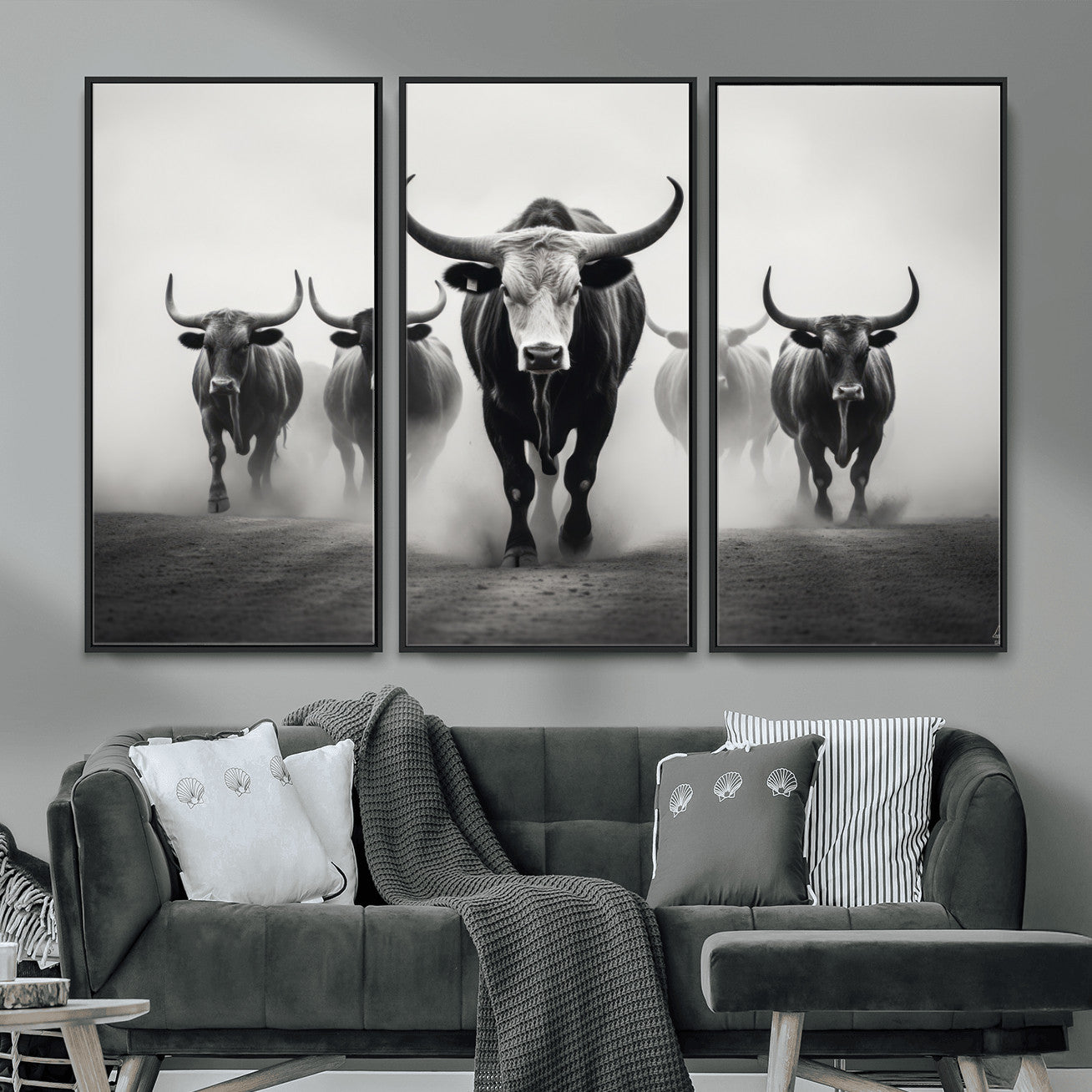 N34534C-MGV-FC-48X32-3P - Texas Bighorn Cow Hern Wall Art Canvas Print, Longhorn Cow Large Wall Art