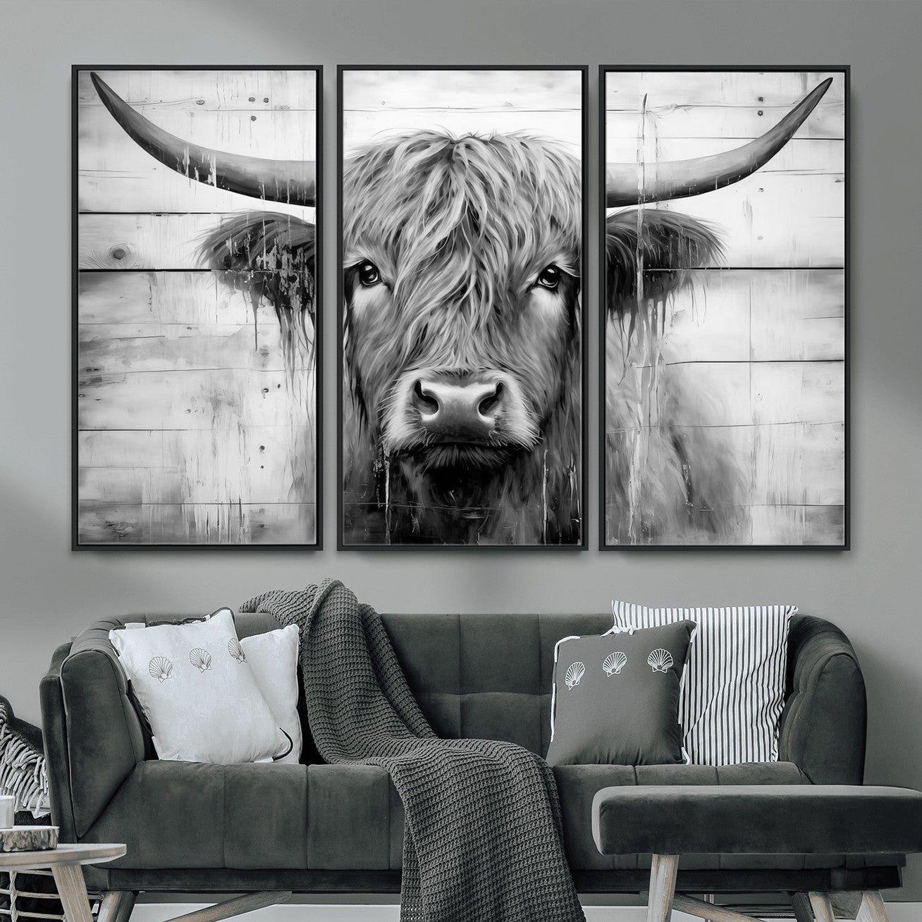 1001HASAN27-MGV-FC-48X32-3P - Black White Highland Cow Wall Art Canvas Print