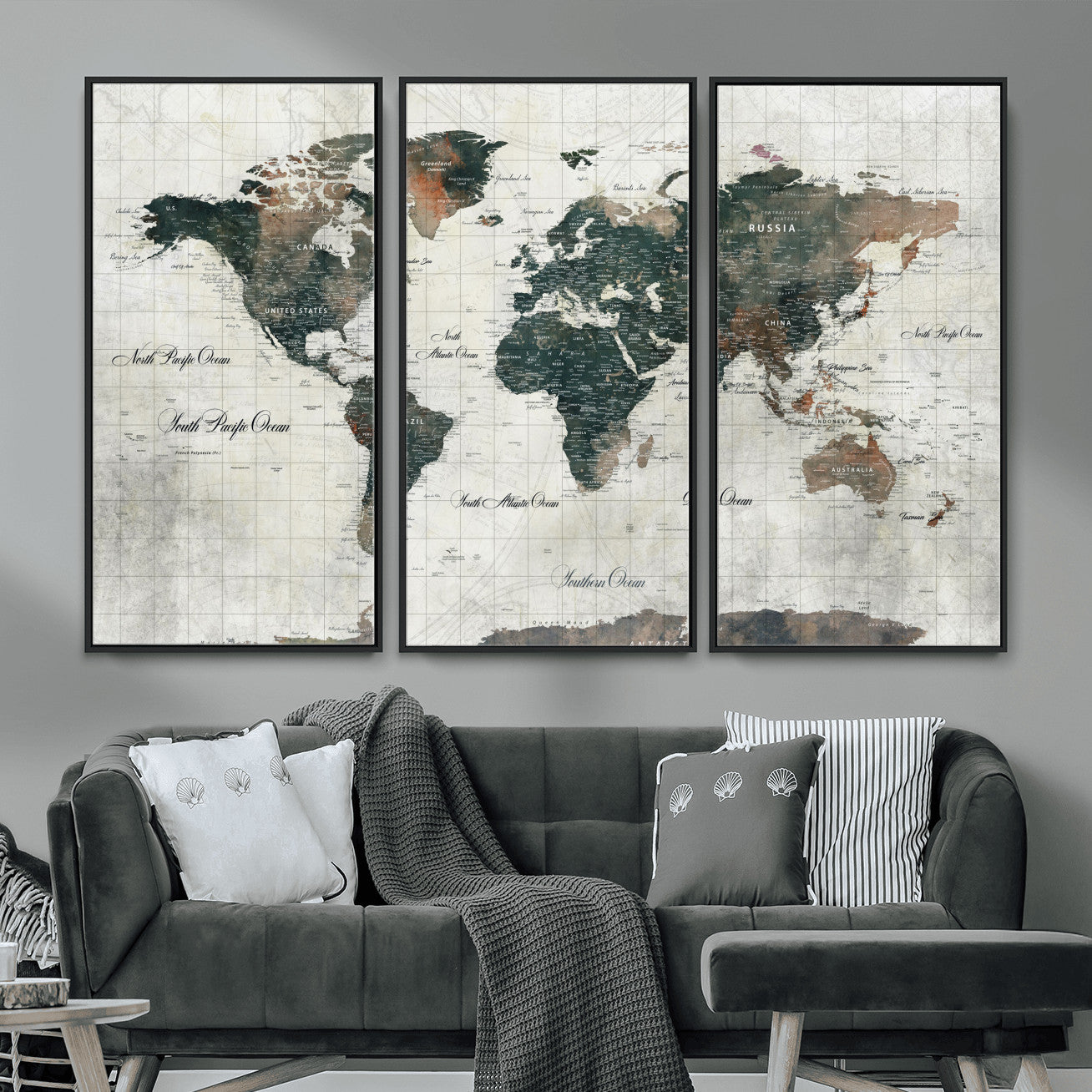90149079-MGV-FC-48X32-3P - World Map Wall Art Canvas Print, Modern Decorative Framed Map Artwork Prints for Living Room, Office, Bedroom Wall Decor