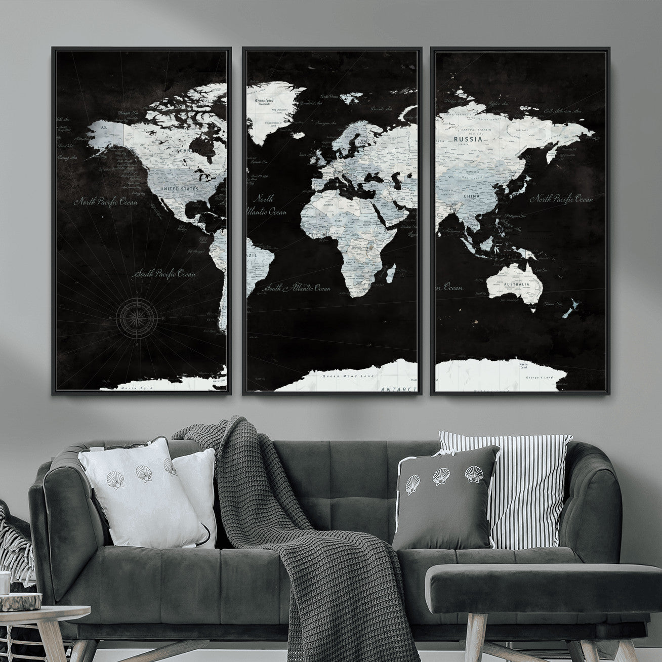 30759283-MGV-FC-48X32-3P - World Map Wall Art Canvas Print, Modern Decorative Framed Map Artwork Prints for Living Room, Office, Bedroom Wall Decor