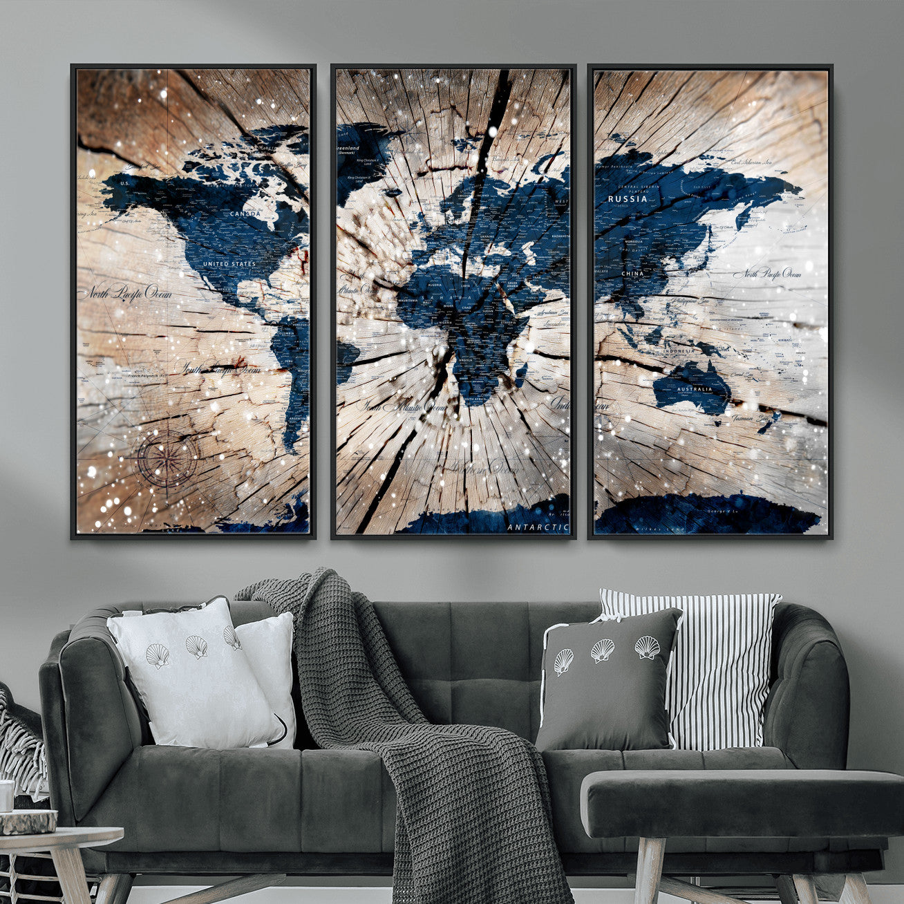 99001695-MGV-FC-48X32-3P - World Map Wall Art Canvas Print, Modern Decorative Framed Map Artwork Prints for Living Room, Office, Bedroom Wall Decor