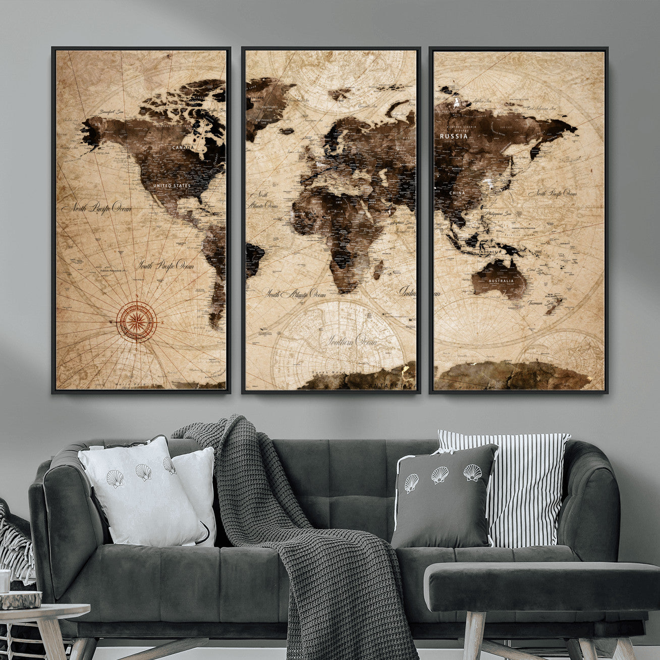 97114757-MGV-FC-48X32-3P - World Map Wall Art Canvas Print, Modern Decorative Framed Map Artwork Prints for Living Room, Office, Bedroom Wall Decor