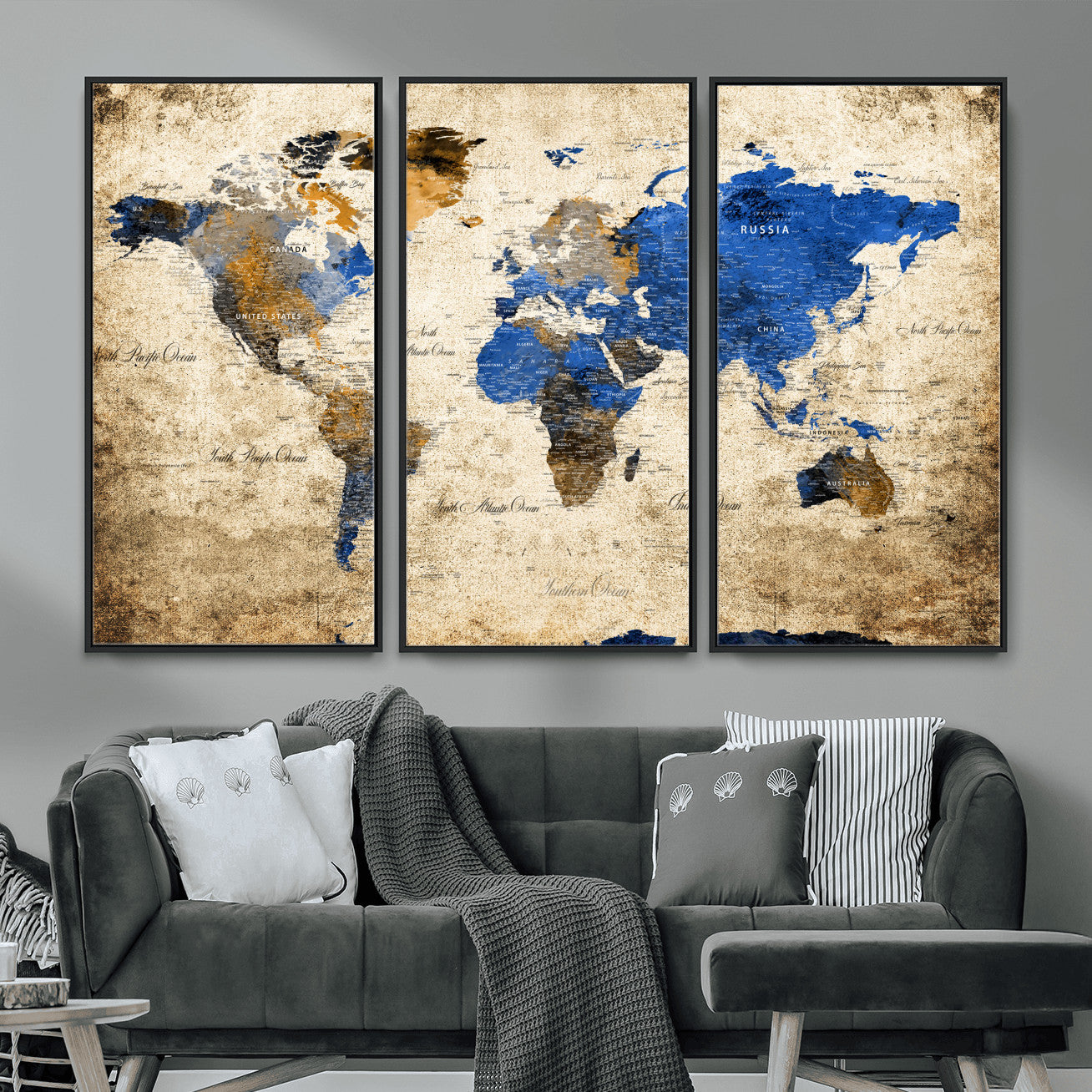 13564339-MGV-FC-48X32-3P - World Map Wall Art Canvas Print, Modern Decorative Framed Map Artwork Prints for Living Room, Office, Bedroom Wall Decor