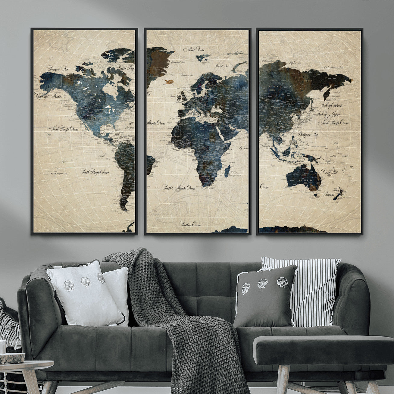 33438443-MGV-FC-48X32-3P - World Map Wall Art Canvas Print, Modern Decorative Framed Map Artwork Prints for Living Room, Office, Bedroom Wall Decor