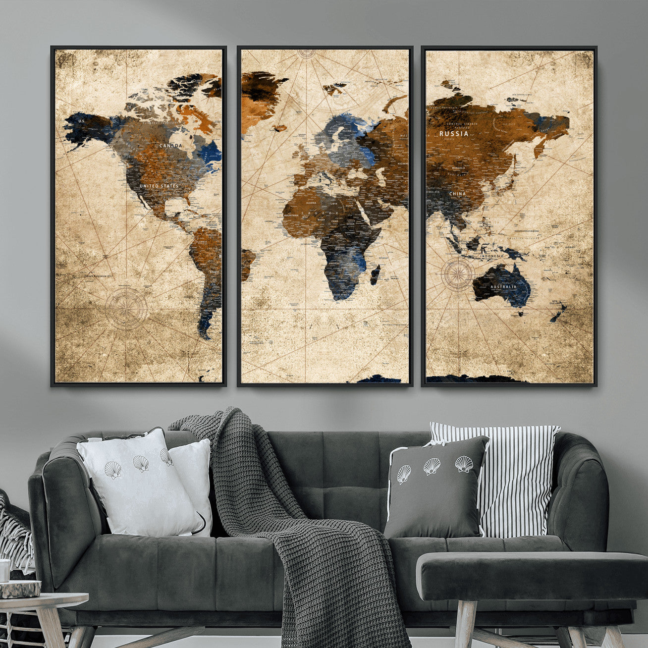 56297284-MGV-FC-48X32-3P - World Map Wall Art Canvas Print, Modern Decorative Framed Map Artwork Prints for Living Room, Office, Bedroom Wall Decor