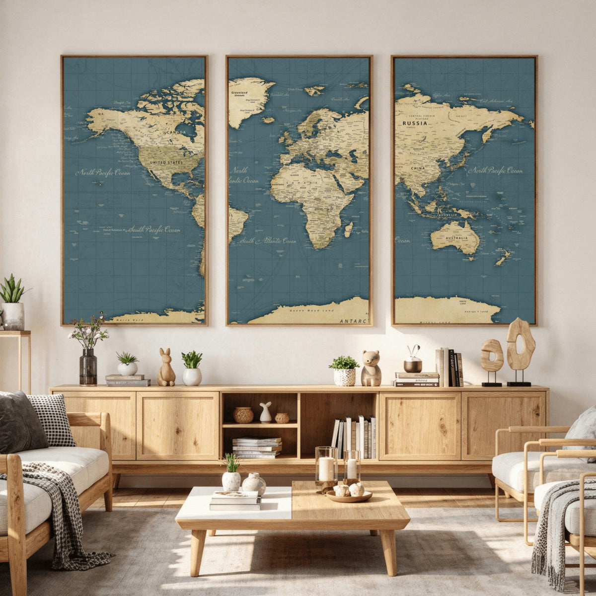 Minimal Vintage World Map Canvas Wall Art Print, Neutral Tone Global ...
