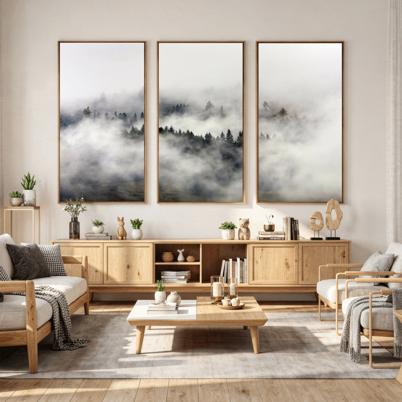 63235457-MGV-CV-36X24 - Foggy Forest Wall Art Canvas Print, Misty Pine Tree Landscape Wall Art Print, Framed Wall Art Ready to Hang