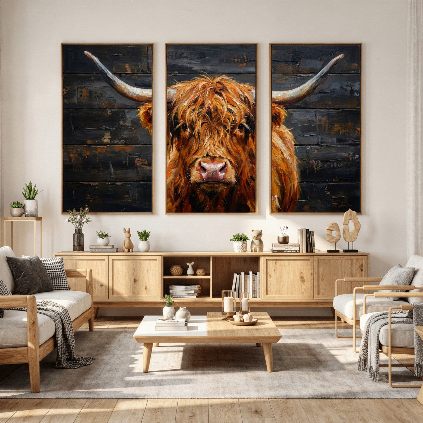 32536611-MGV-CV-36X24 - Highland Cow Wall Art Canvas Print, Rustic Farm Animal Painting, Framed Wall Art Ready to Hang