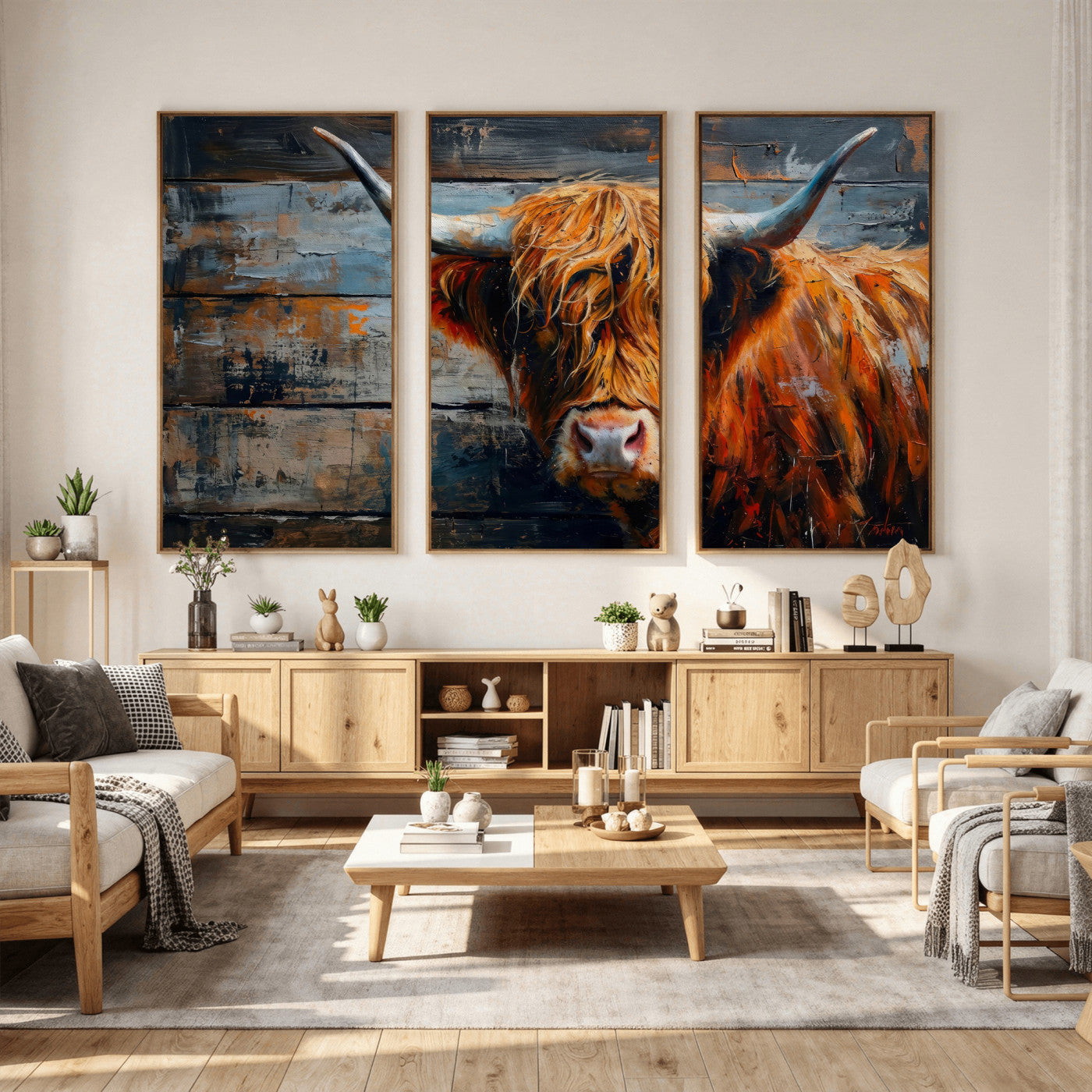 90271423-MGV-CV-36X24 - Highland Cow Wall Art Canvas Print, Abstract Rustic Farm Animal Wall Art Print, Framed Wall Art Ready to Hang