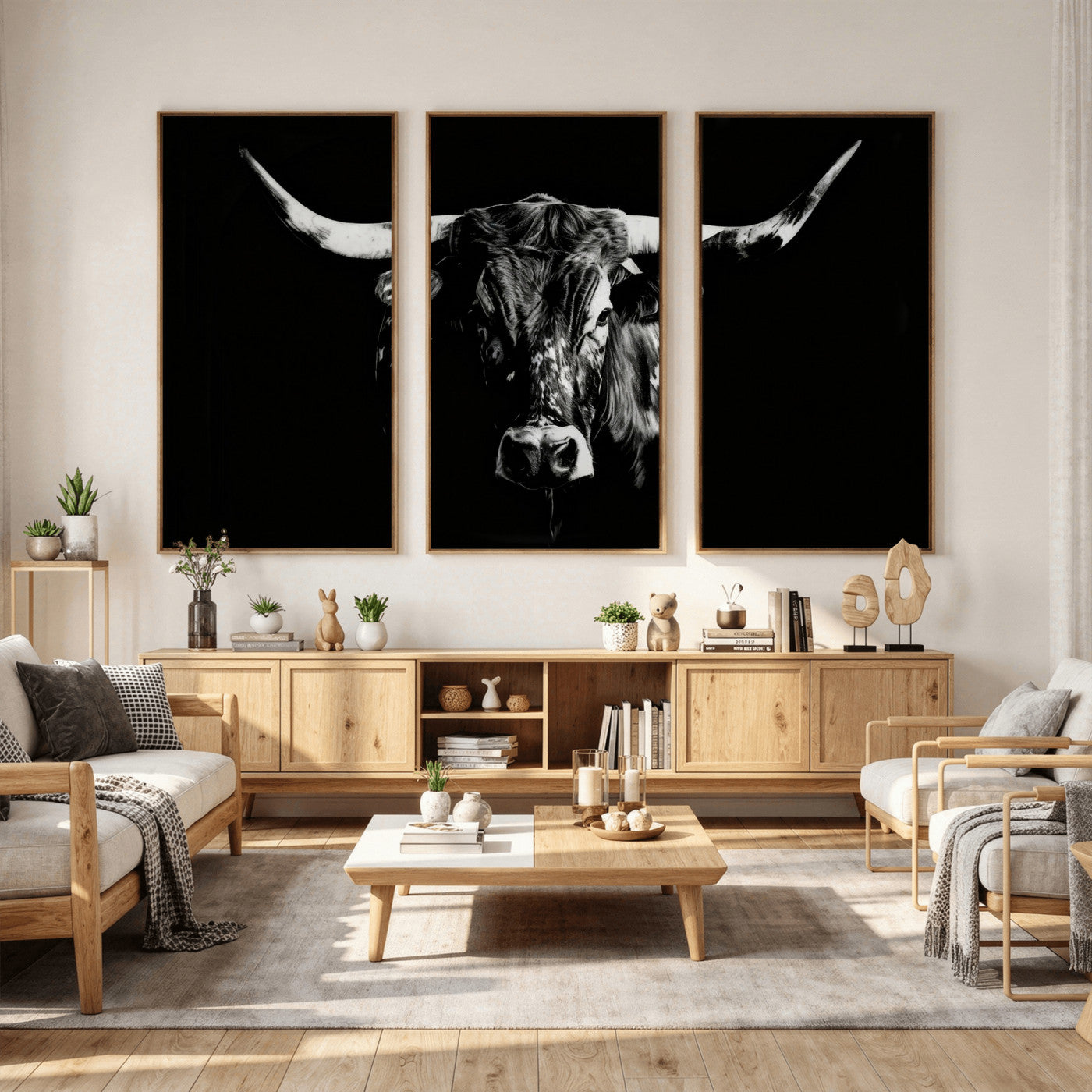 21436434-MGV-CV-36X24 - Black Bull Wall Art Canvas Print, Dark Longhorn Portrait Photography, Framed Wall Art Ready to Hang