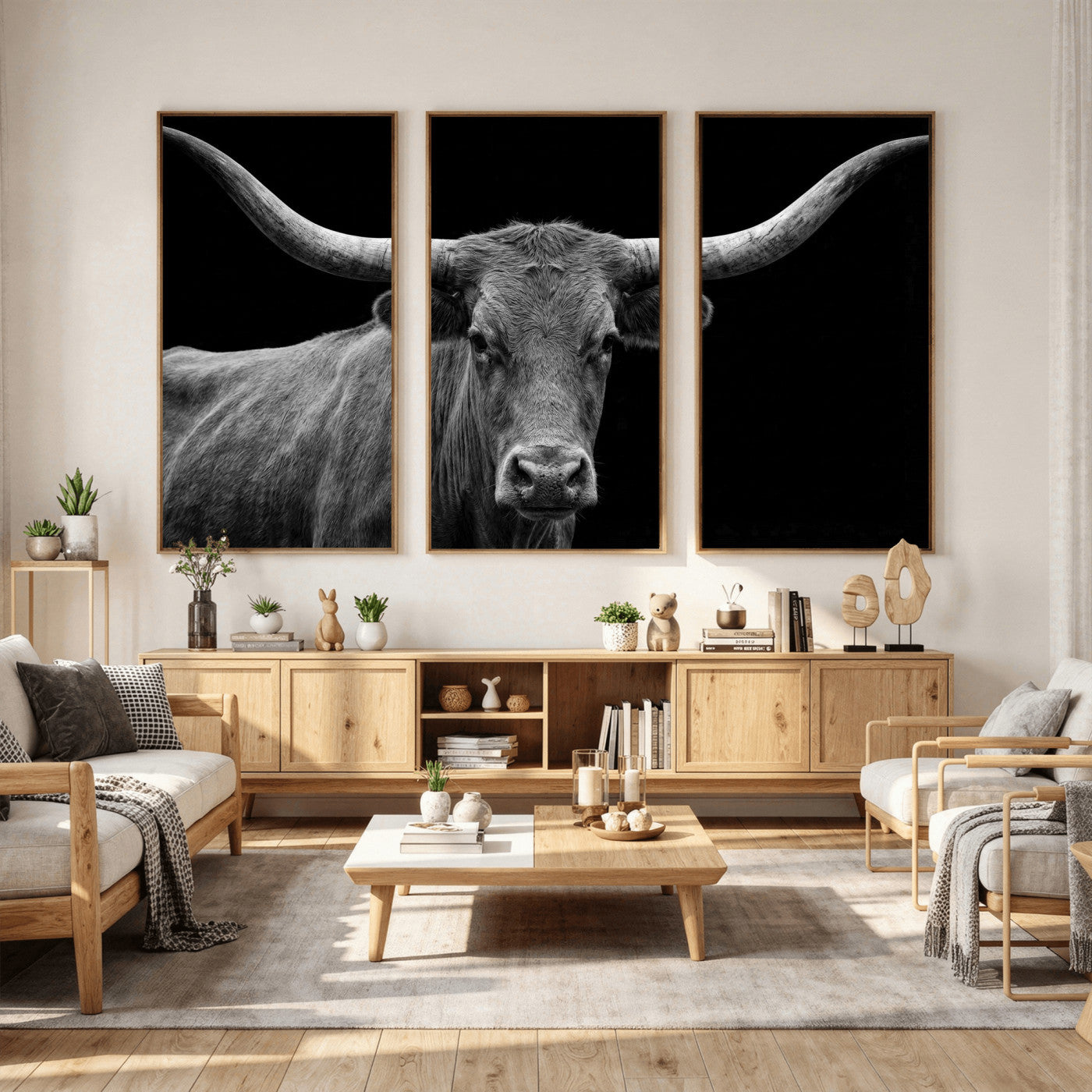 32601430-MGV-CV-36X24 - Texas Longhorn Bull Wall Art Canvas Print, Cow Portrait Photography, Framed Wall Art Ready to Hang