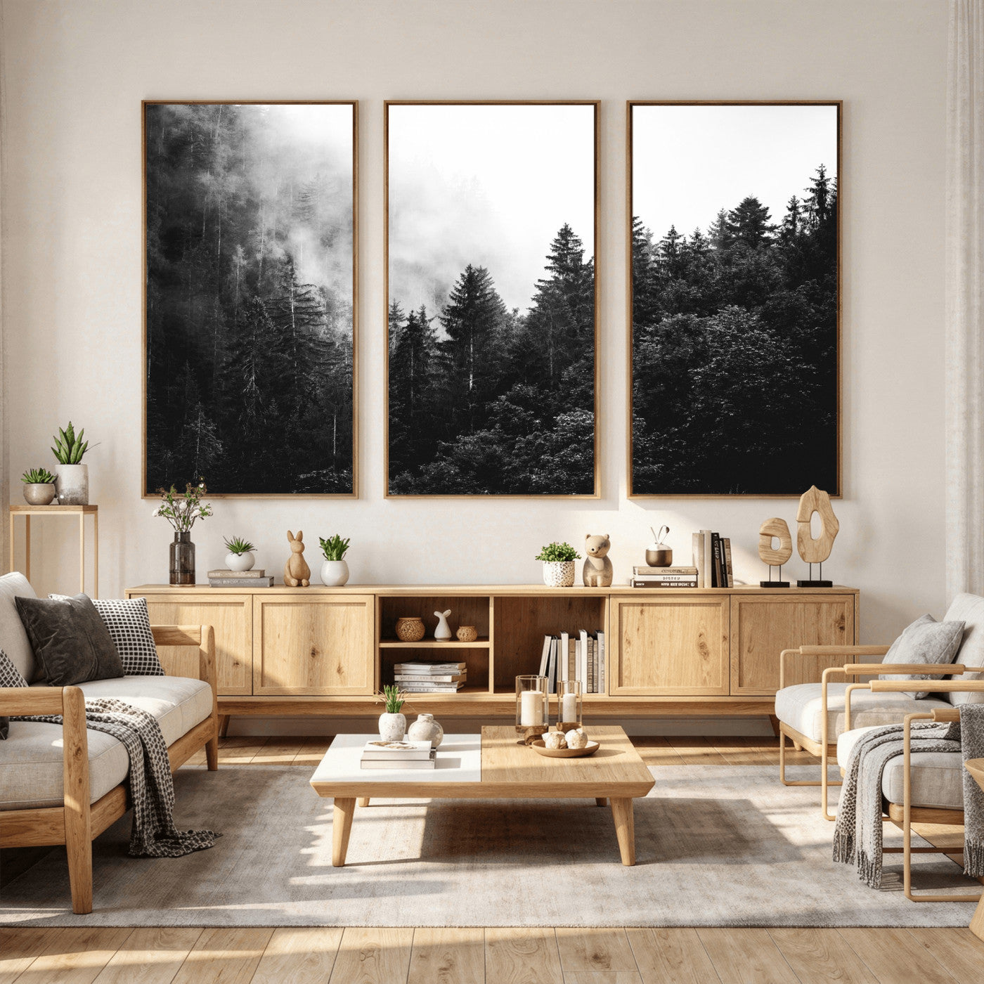 98764151-MGV-CV-36X24 - Black and White Forest Wall Art Canvas Print, Misty Pine Tree Landscape Photography, Framed Wall Art Ready to Hang