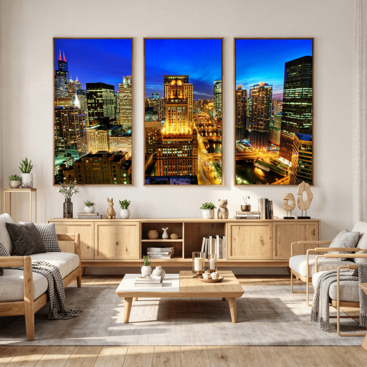 46298885-MGV-CV-36X24 - Chicago Wall Art Canvas Print, Chicago City Downtown Night Cityscape Print for Modern Urban Wall Decor