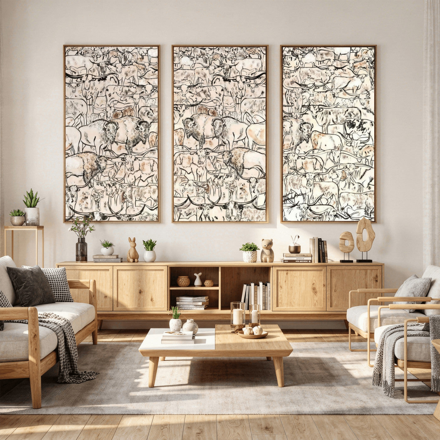 36925875-MGV-CV-36X24 - Farmhouse Animals Wall Art Canvas Print - Abstract Farm Animal Drawing Mid-Century Wall Art for Cabin Decor