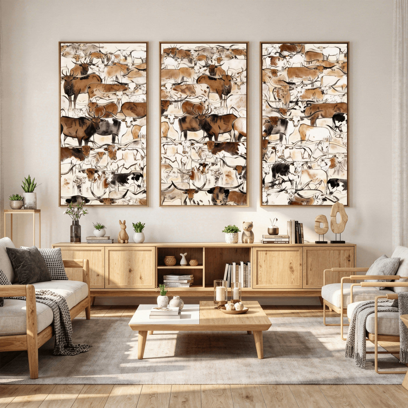 81416572-MGV-CV-36X24 - Farmhouse Animals Wall Art Canvas Print - Abstract Farm Animal Drawing Mid-Century Wall Art for Cabin Decor