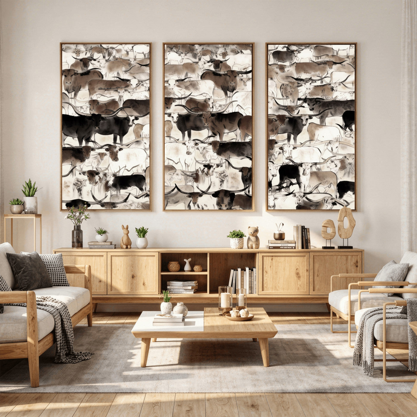 46084312-MGV-CV-36X24 - Farmhouse Animals Wall Art Canvas Print - Abstract Farm Animal Drawing Mid-Century Wall Art for Cabin Decor