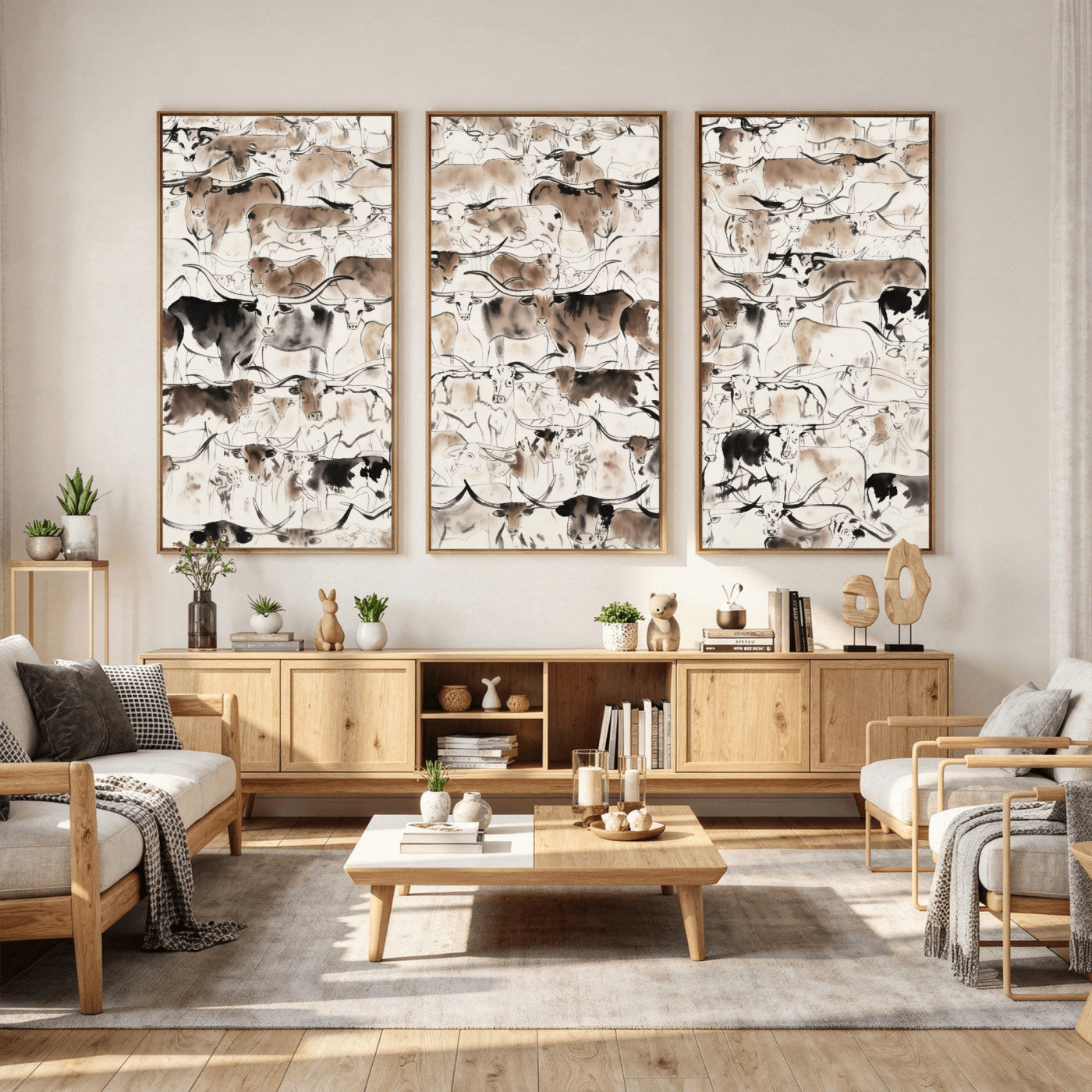 66685375-MGV-CV-36X24 - Farmhouse Animals Wall Art Canvas Print - Abstract Farm Animal Drawing Mid-Century Wall Art for Cabin Decor