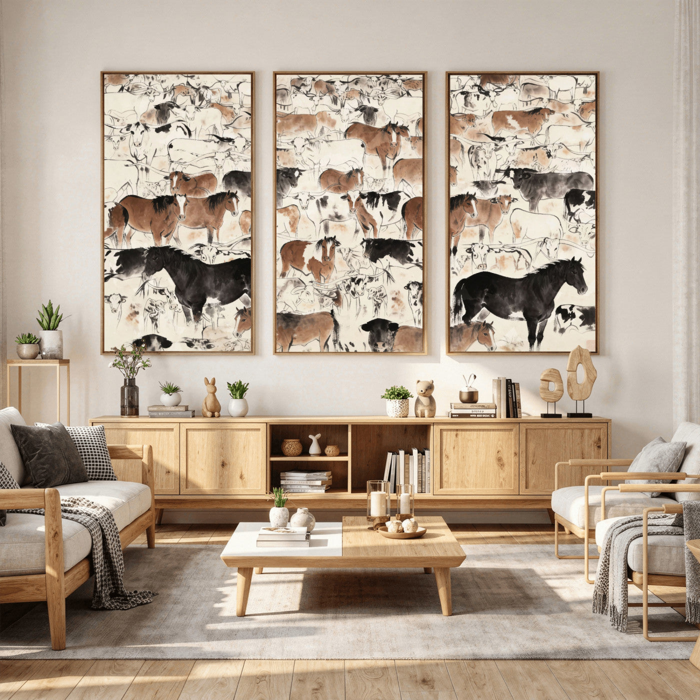 74171578-MGV-CV-36X24 - Farmhouse Animals Wall Art Canvas Print - Abstract Farm Animal Drawing Mid-Century Wall Art for Cabin Decor