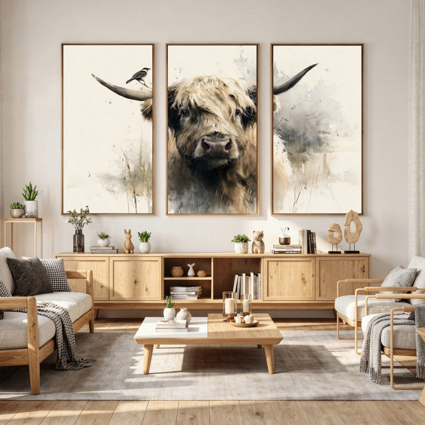 98249290-MGV-CV-36X24 - Abstract Highland Cow Watercolor Animal Wall Art Canvas Print, Rustic Farm Cattle Portrait Canvas Print, Neutral Wildlife Farmhouse Art Printing