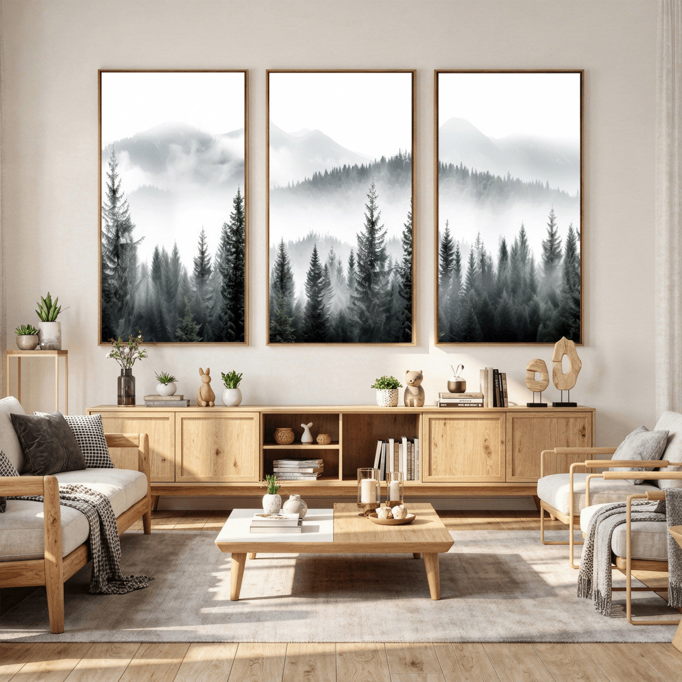 38819032-MGV-CV-36X24 - Misty Pine Forest Mountain Landscape Wall Art Canvas Print, Foggy Evergreen Trees Minimal Nature Canvas Print, Monochrome Wilderness Scenic Art Printing