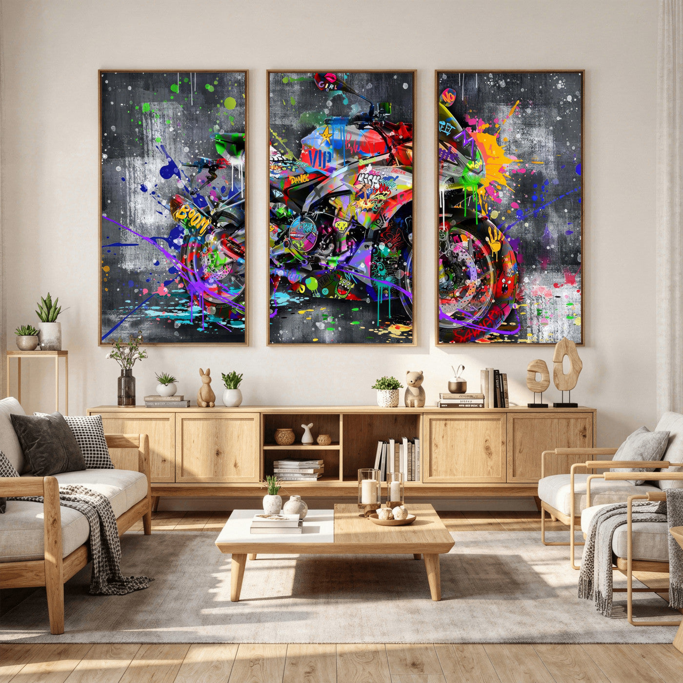 83021767-MGV-CV-36X24 - Graffiti Motorcycle Wall Art Canvas Print, Urban Street Art Motorbike Decor, Colorful Graffiti Sports Bike Artwork