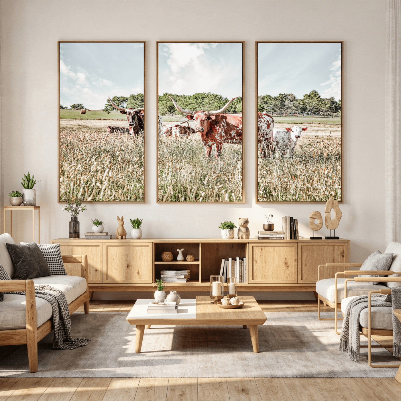 21823552-MGV-CV-36X24 - Texas Longhorn Cattle Wall Art Canvas Print, Rustic Ranch Landscape Artwork, Western Farm Field Scene, Country Prairie Animal Canvas Wall Art