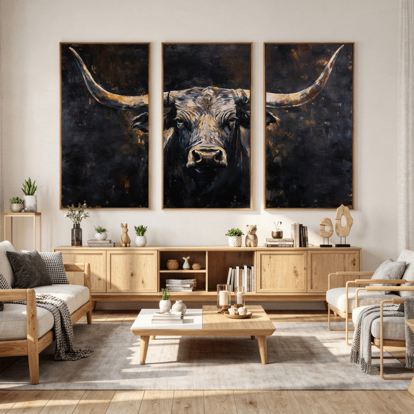 17622011-MGV-CV-36X24 - Abstract Longhorn Bull Wall Art Canvas Print – Dark Rustic Western Cattle Artwork for Farmhouse, Ranch, Cabin, and Office Decor