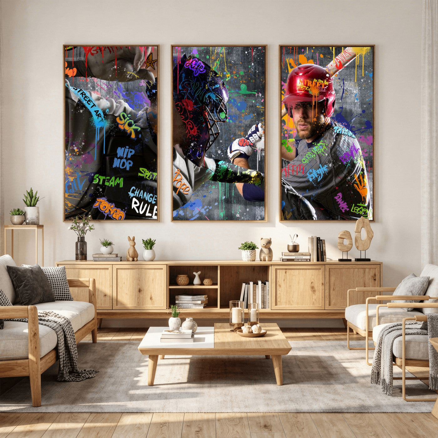 19634994-MGV-CV-36X24 - Graffiti Baseball Player Street Art Wall Art Canvas Print, Urban Sports Pop Art Baseball Canvas Print, Modern Athletic Graffiti Contemporary Art Printing