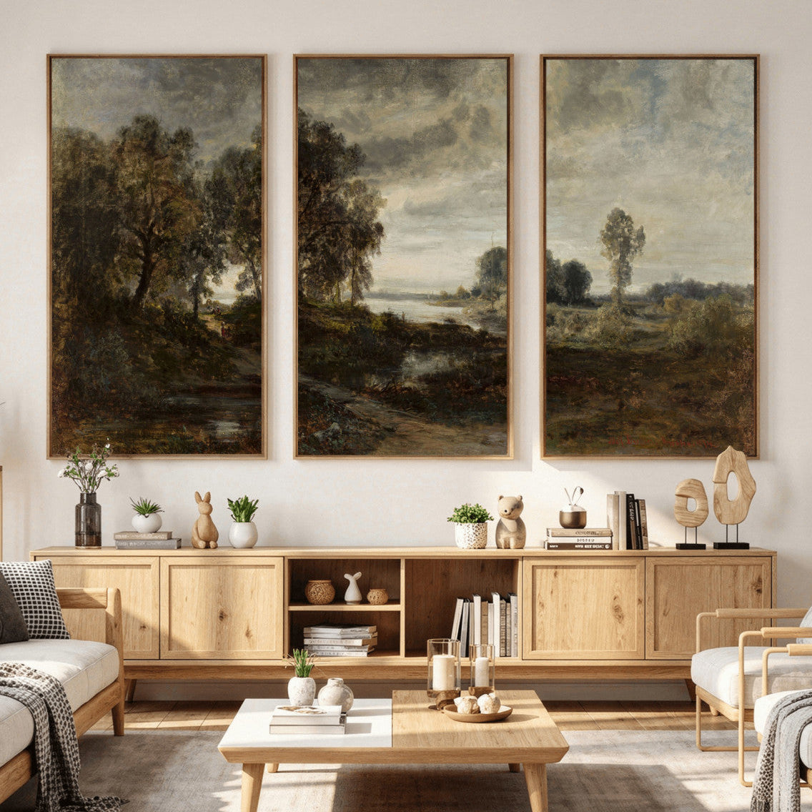 Modern living room with wooden furniture, a coffee table, and wall art.