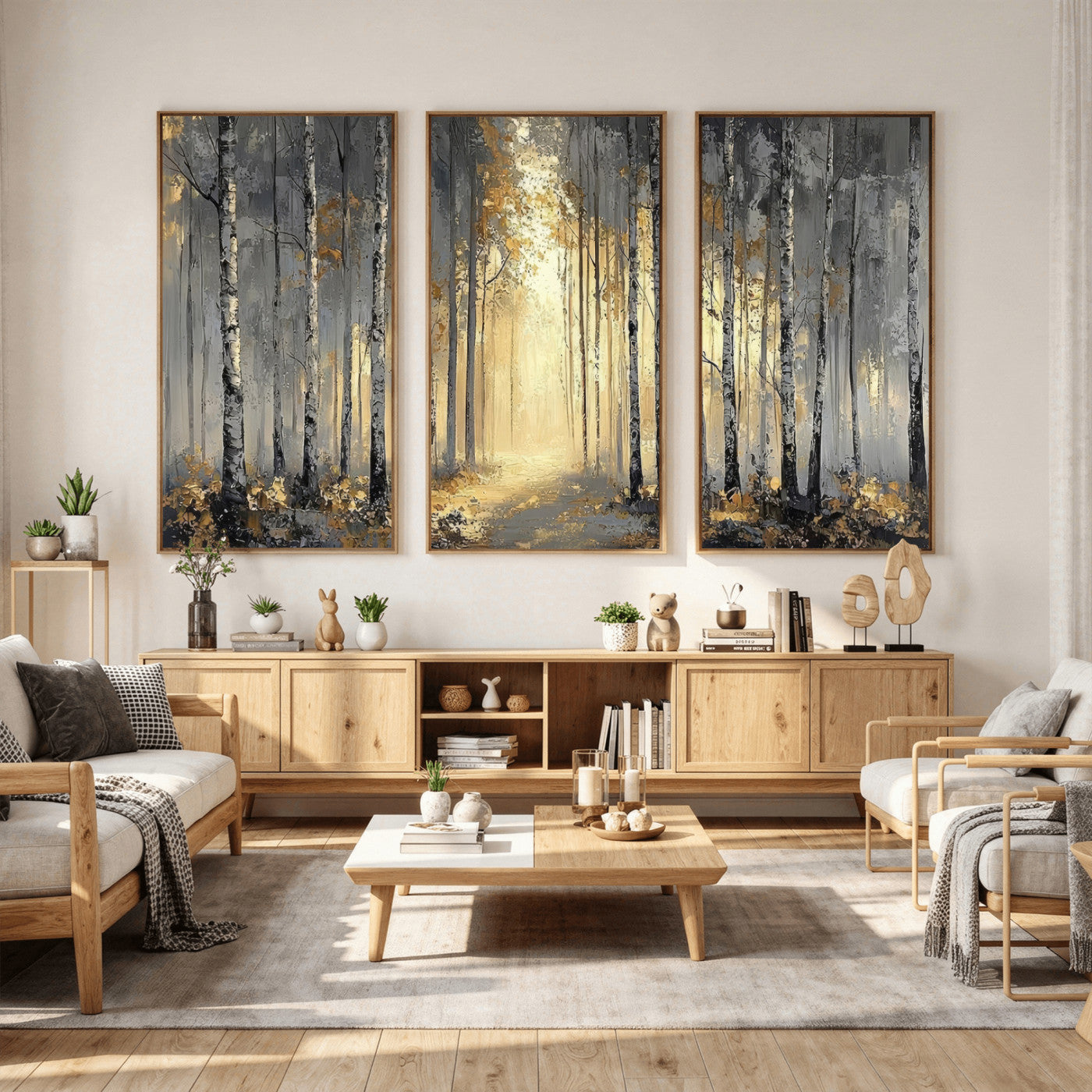 41017042-MGV-CV-36X24 - Abstract Birch Forest Wall Art Canvas Print – Modern Neutral Woodland Landscape Artwork for Living Room Decor
