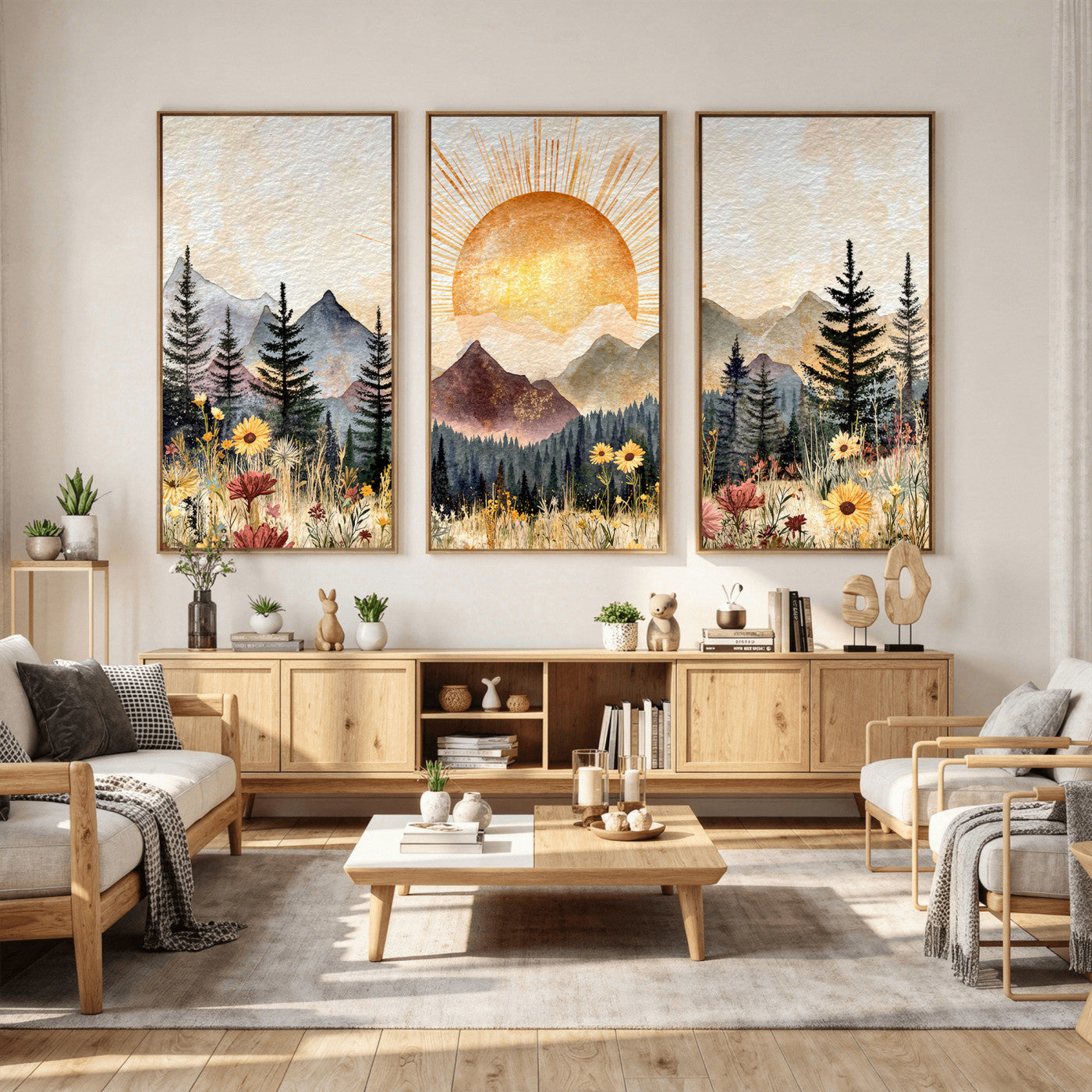 69025244-MGV-CV-36X24 - Boho Mountain Landscape Large Wall Art, Horizontal Gold Framed Canvas Print with Sun and Flowers