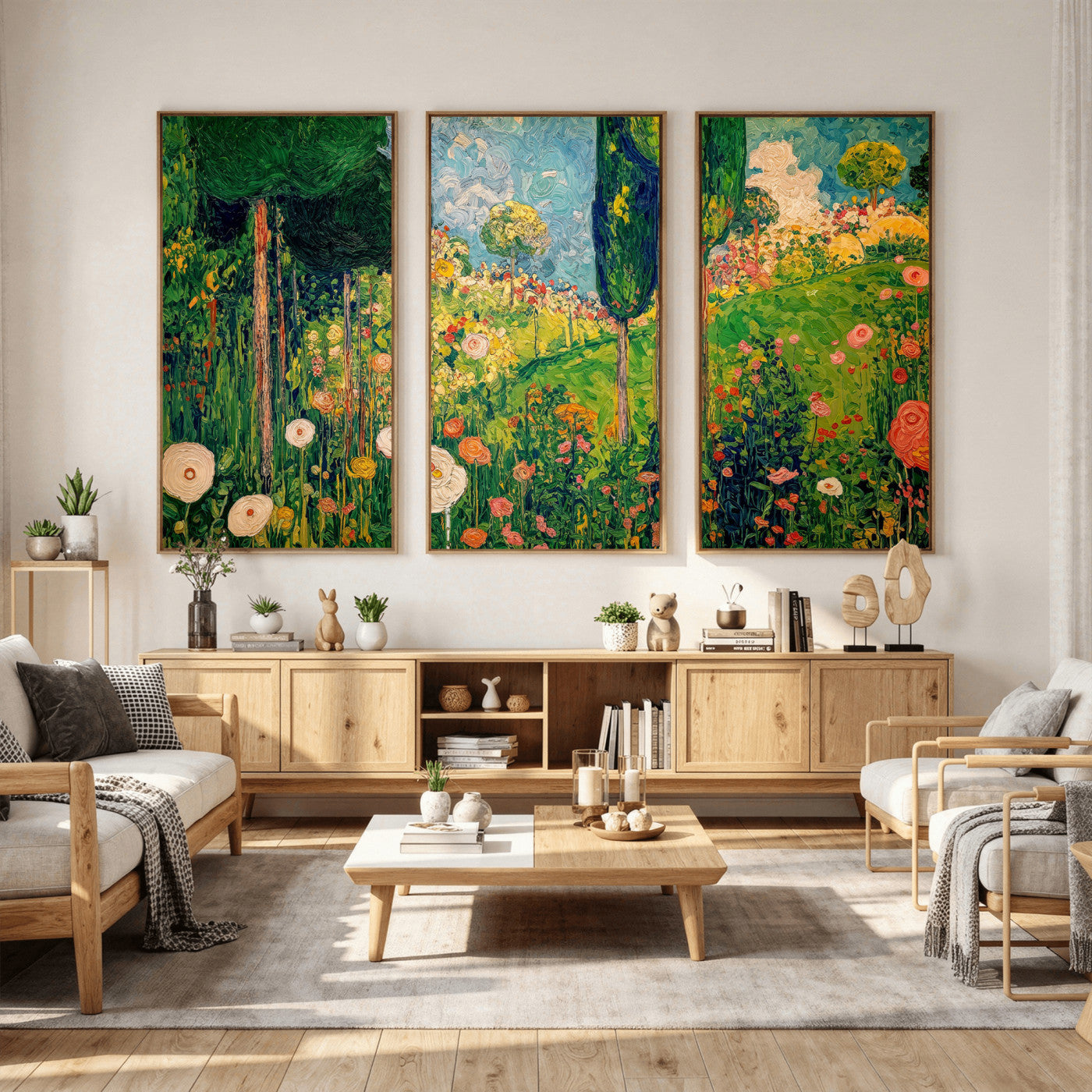 83517974-MGV-CV-36X24 - Gustav Klimt Boho Mountain Landscape Large Wall Art, Horizontal Gold Framed Canvas Print with Sun and Flowers